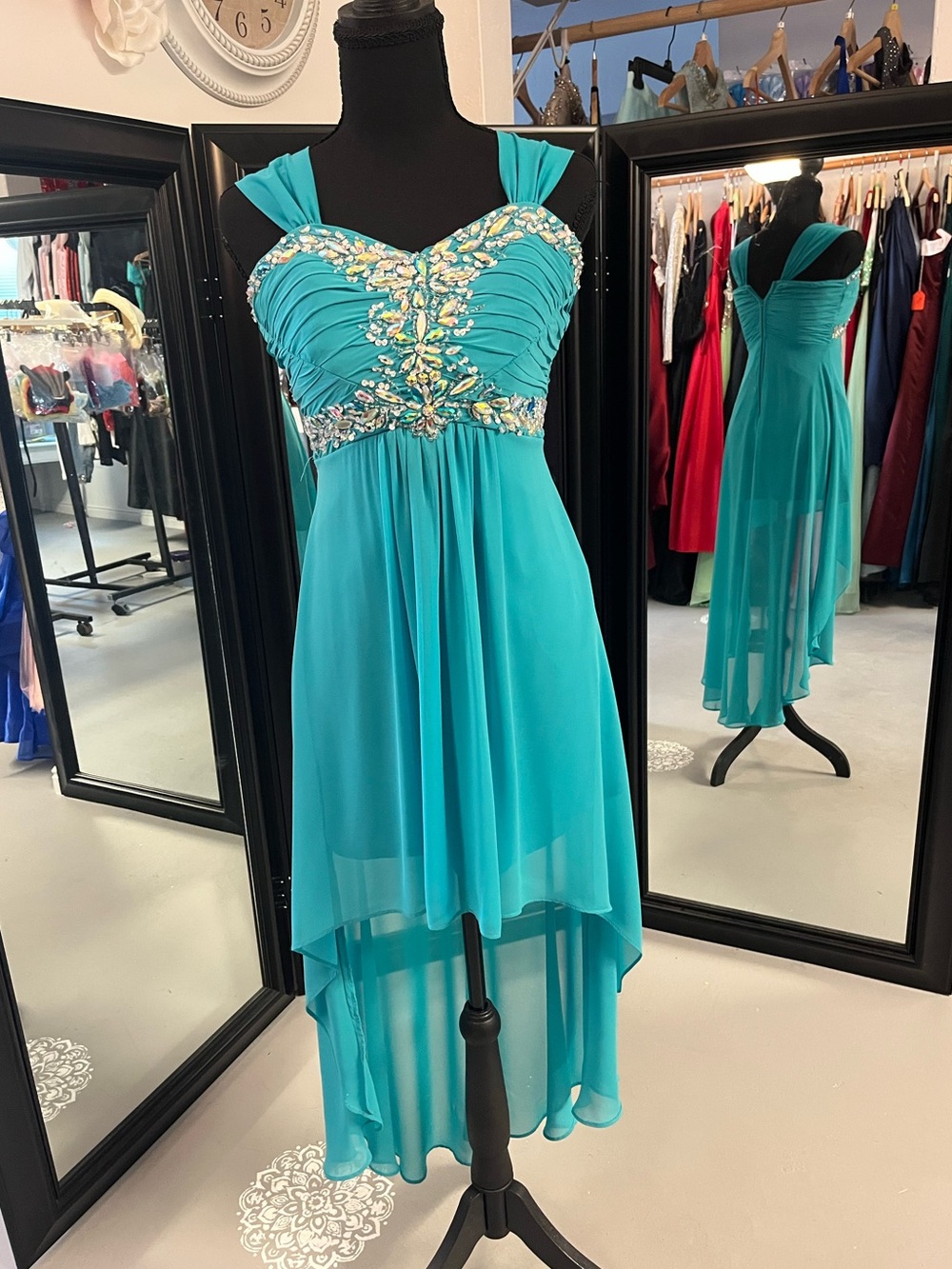 Deb Turquoise Beaded High-Low Evening Dress